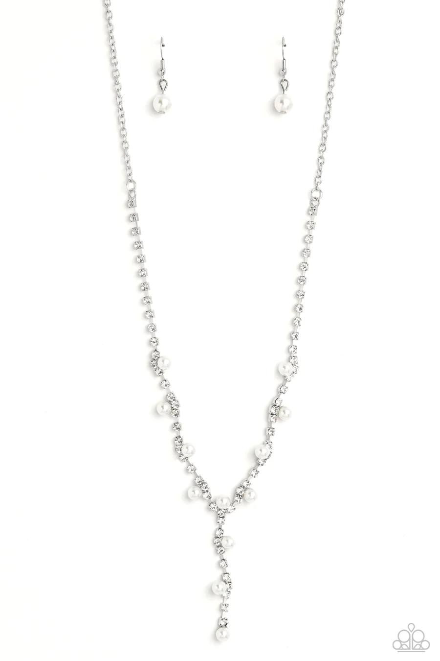 Upper Class - White Pearl and Rhinestone Silver Medium Length Y Necklace