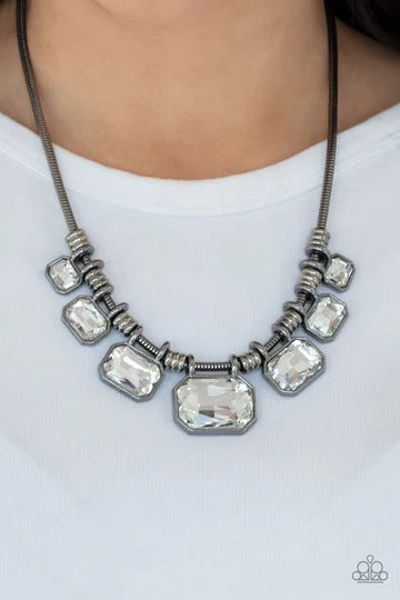 Urban Extravagance - Black Gunmetal White Rhinestone Short Necklace