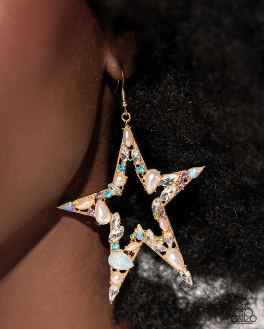 Variegated Value - Multi Color Rhonestone Gold Star Fishhook Earrings - Life of the Party