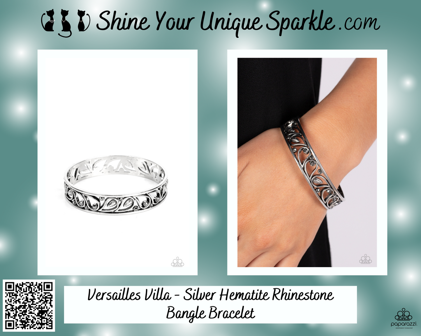 Versailles Villa - Silver Hematite Rhinestone Bangle Bracelet