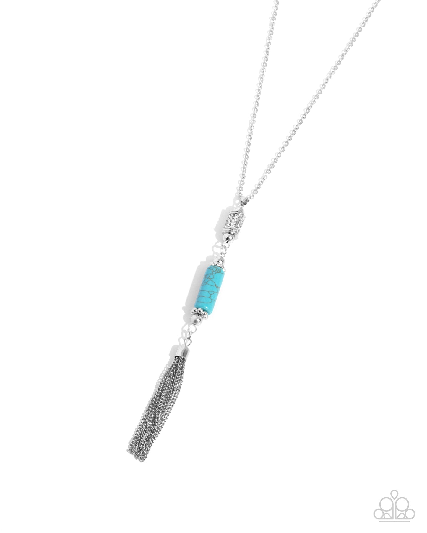 Vertical Vacation - Blue Crackle Turquoise Stone White Rhinestones Silver Long Necklace