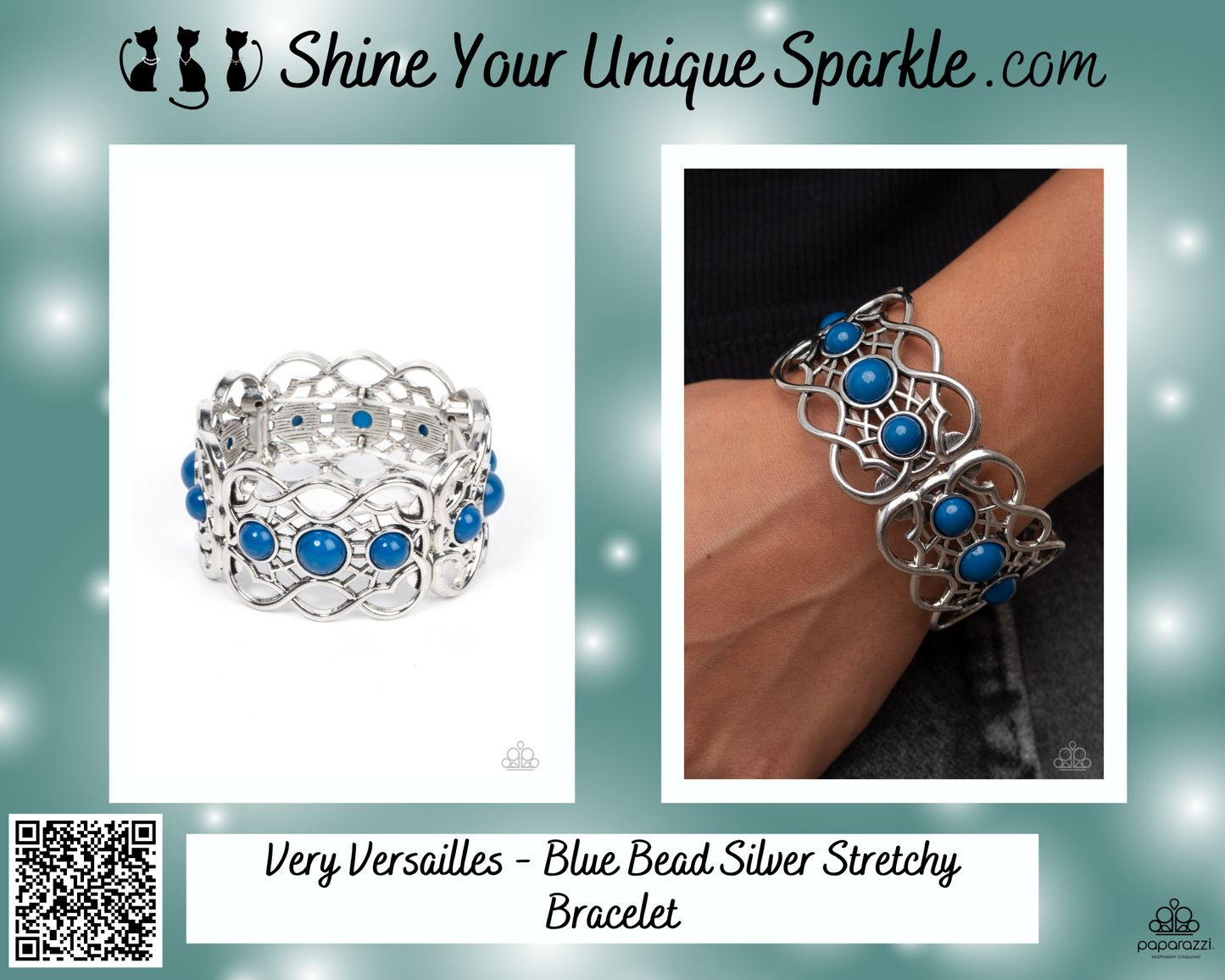 Very Versailles - Blue Bead Silver Stretchy Bracelet