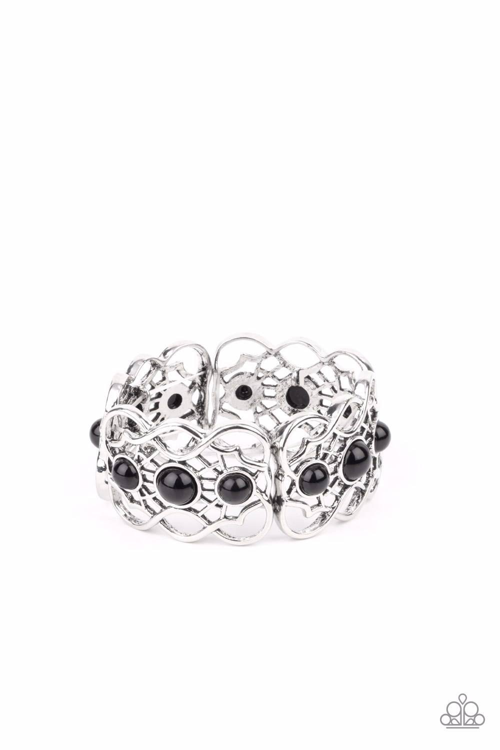 Very Versailles - Black Bead Silver Stretchy Bracelet