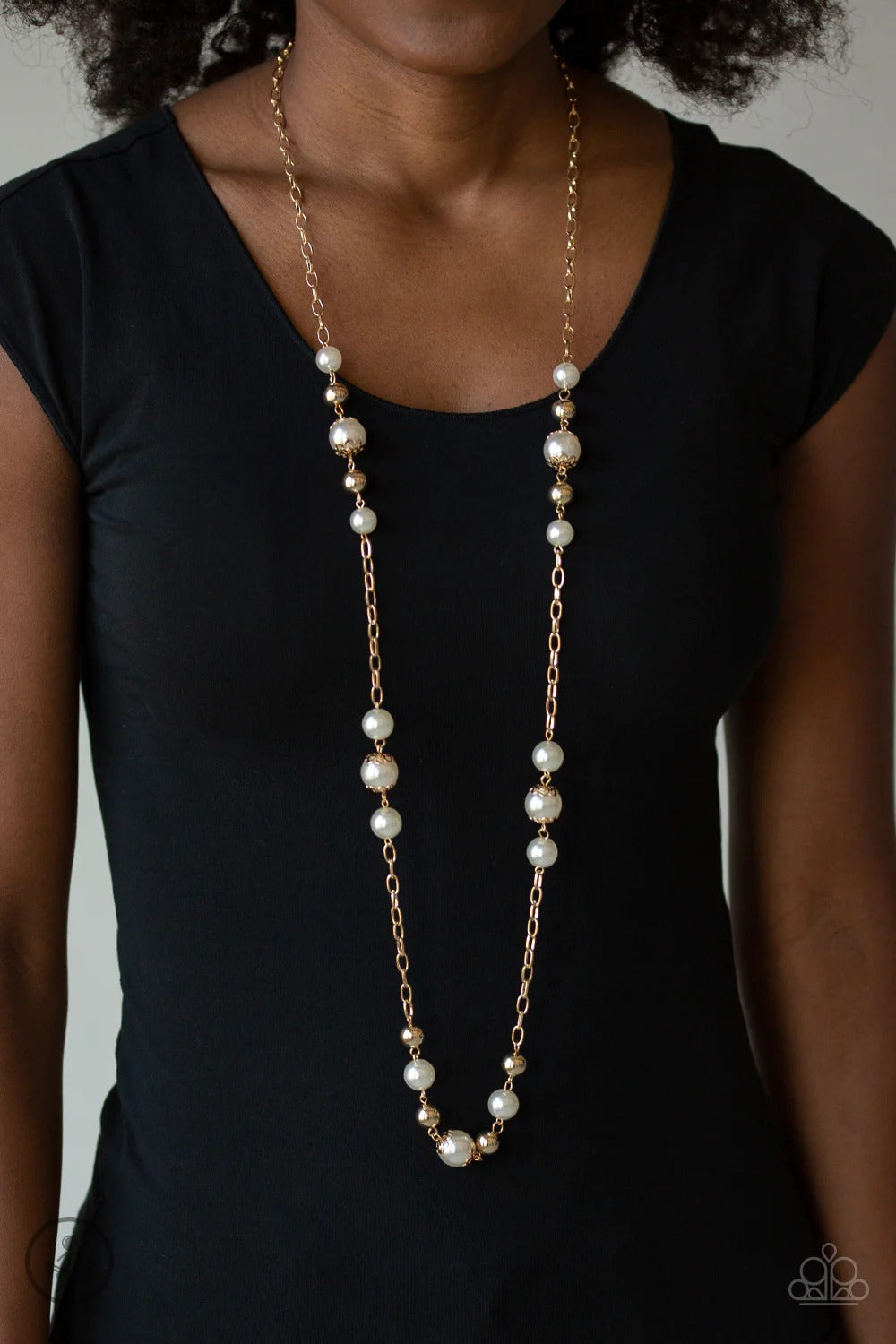 Wall Street Waltz - Gold Bead and White Pearl Long Necklace