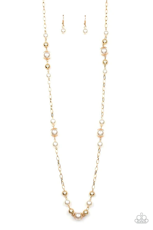 Wall Street Waltz - Gold Bead and White Pearl Long Necklace