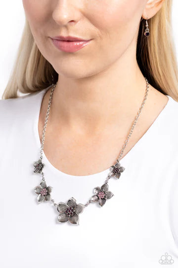 Wallflower Wonderland - Purple Rhinestone Silver Flower Short Necklace