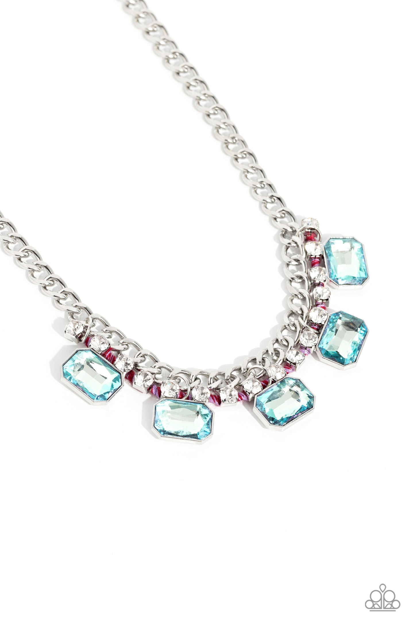 WEAVING Wonder - Multi Blue Gem White Rhinestone Pink Thread Silver Short Necklace - Life of the Party