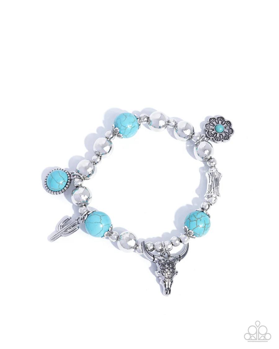 Western Welcome - Blue Turquoise Longhorn Skull, Cactus, and Flower Western Charms, Silver Stretchy Bracelet - 2024 Convention Exclusive