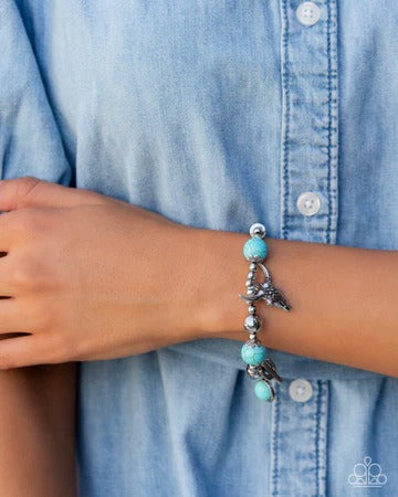 Western Welcome - Blue Turquoise Longhorn Skull, Cactus, and Flower Western Charms, Silver Stretchy Bracelet - 2024 Convention Exclusive