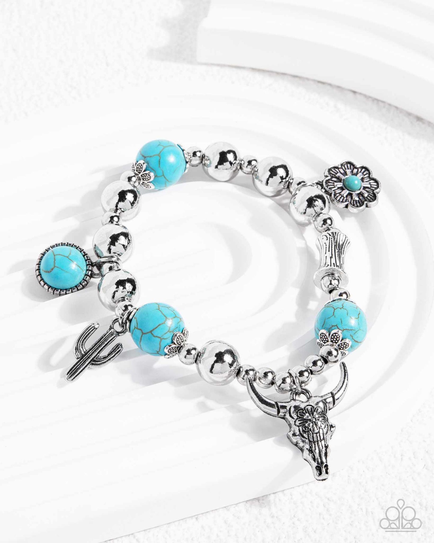 Western Welcome - Blue Turquoise Longhorn Skull, Cactus, and Flower Western Charms, Silver Stretchy Bracelet - 2024 Convention Exclusive