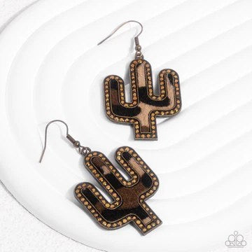 Western Worth - Brass Cactus, Cow-Printed, Aurum Rhinestones, Fishhook Earrings - Meet Your Match Exclusive