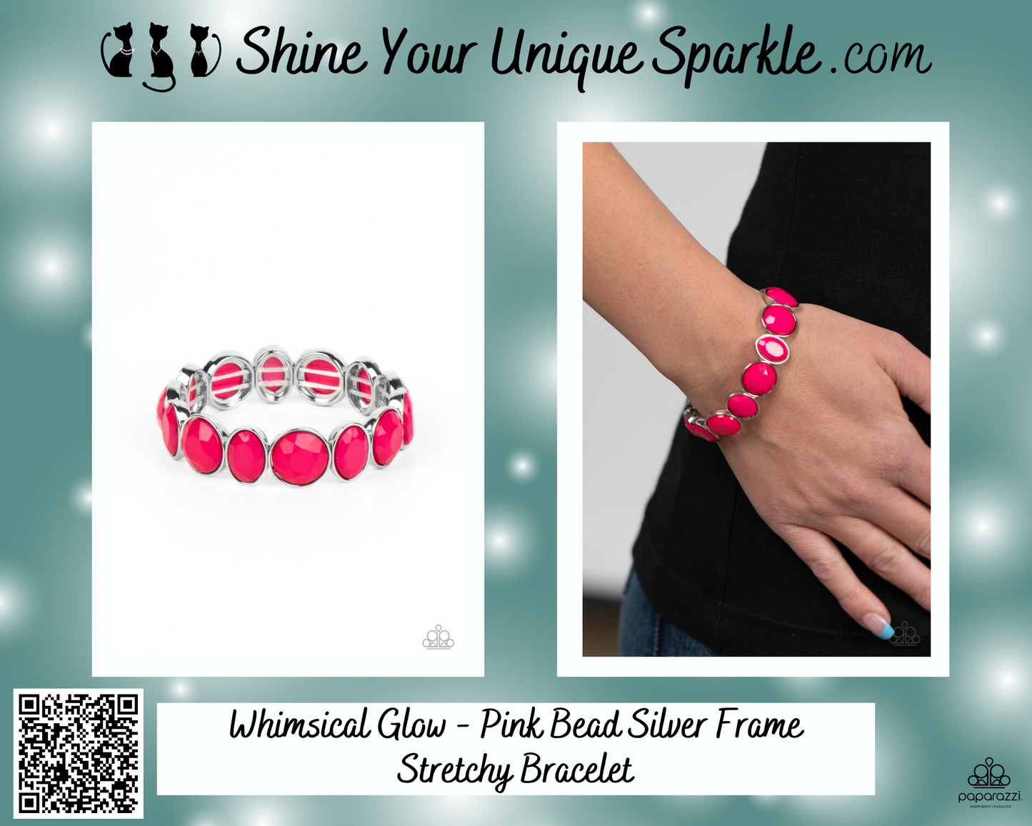 Whimsical Glow - Pink Bead Silver Frame Stretchy Bracelet