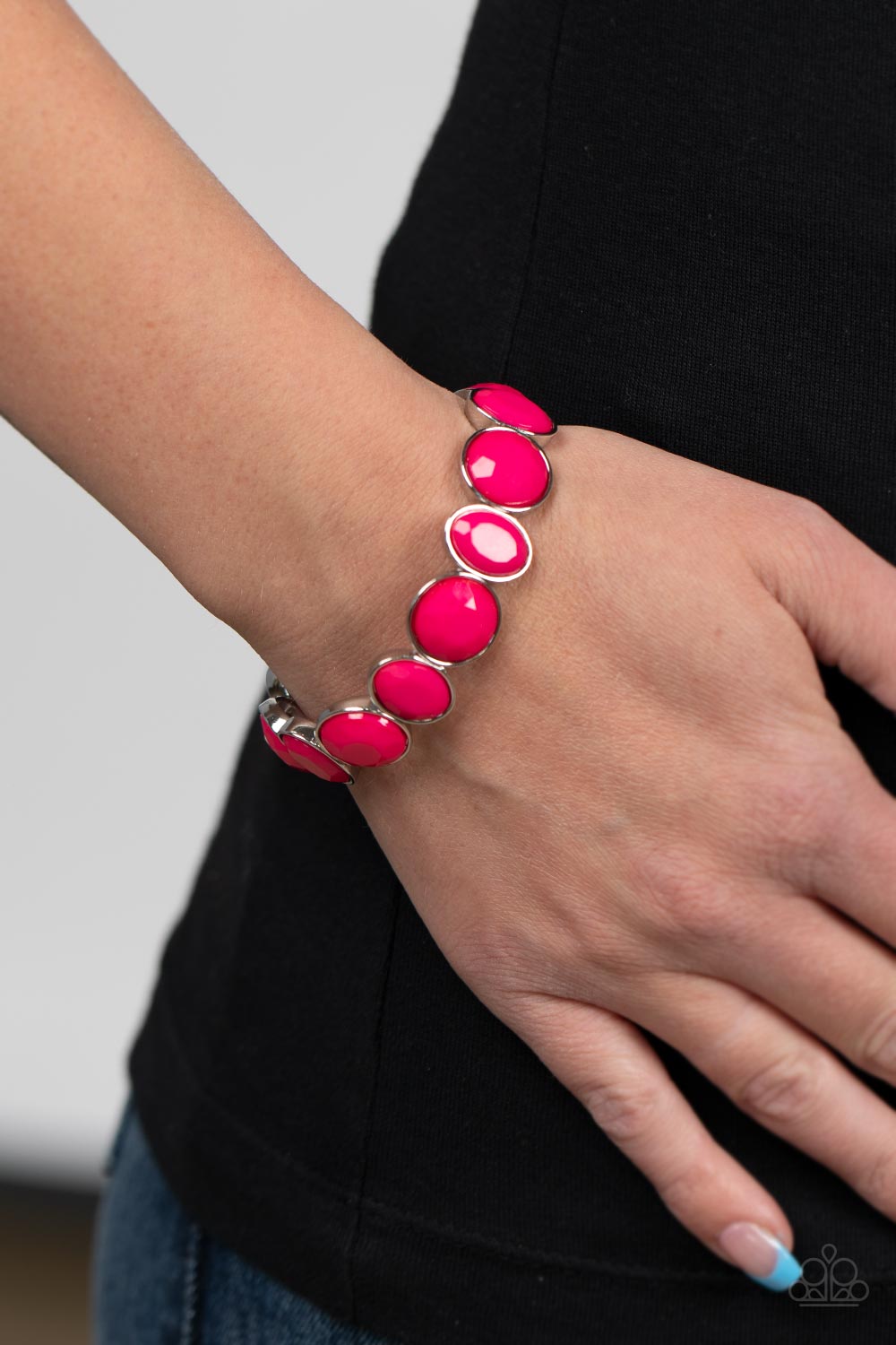 Whimsical Glow - Pink Bead Silver Frame Stretchy Bracelet