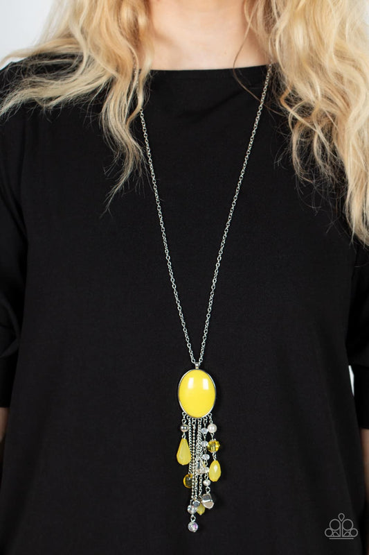 Whimsical Wishes - Yellow Bead Long Silver Necklace