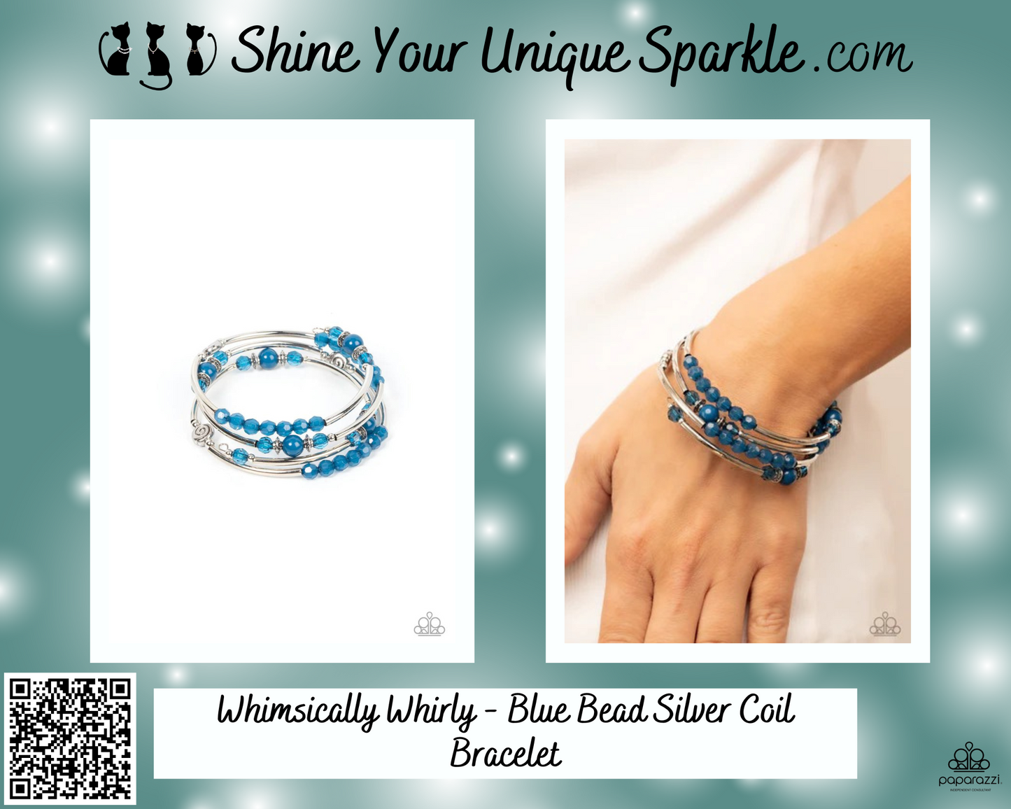 Whimsically Whirly - Blue Bead Silver Coil Bracelet