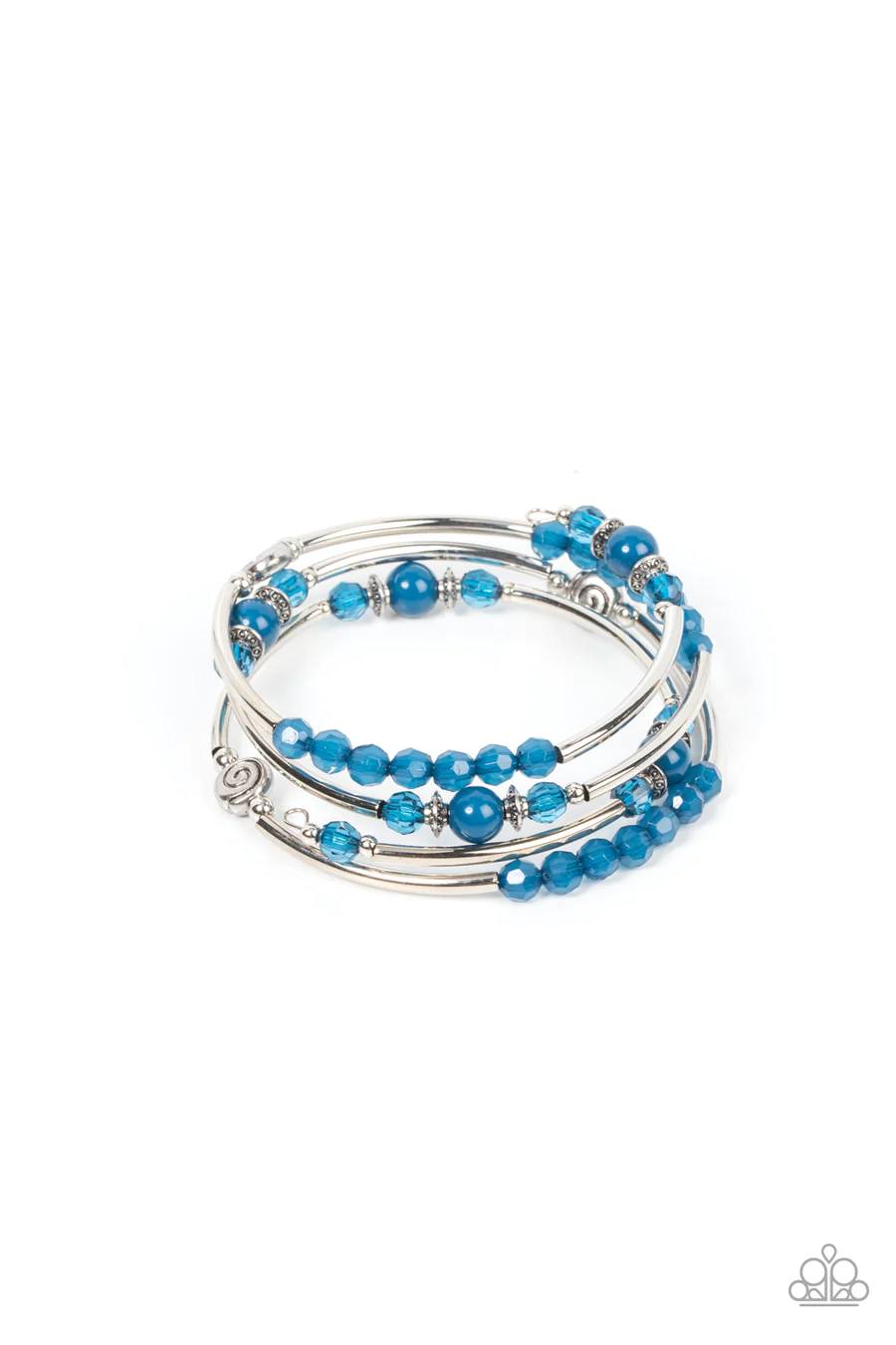 Whimsically Whirly - Blue Bead Silver Coil Bracelet