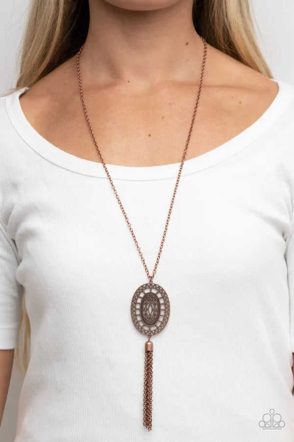 Whimsically Wistful - Copper Oval Tassel Long Necklace