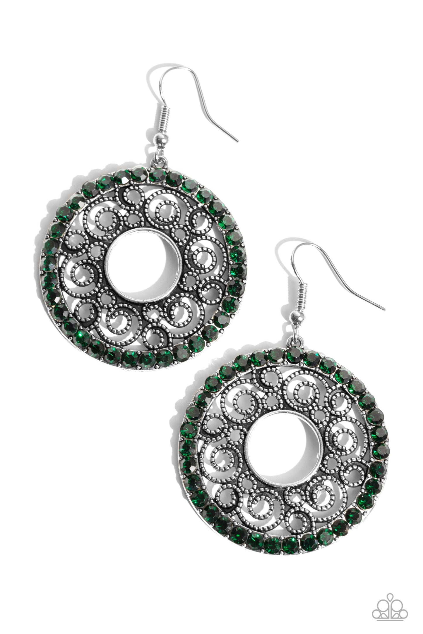 Whirly Whirlpool - Green Rhinestone Silver Fishhook Earrings