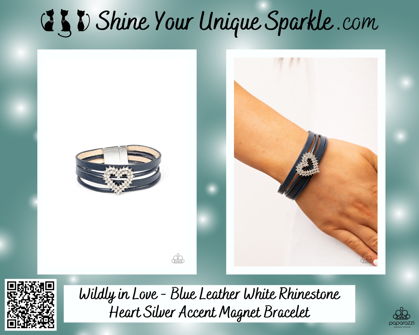 Wildly in Love - Blue Leather White Rhinestone Heart Silver Accent Magnet Bracelet