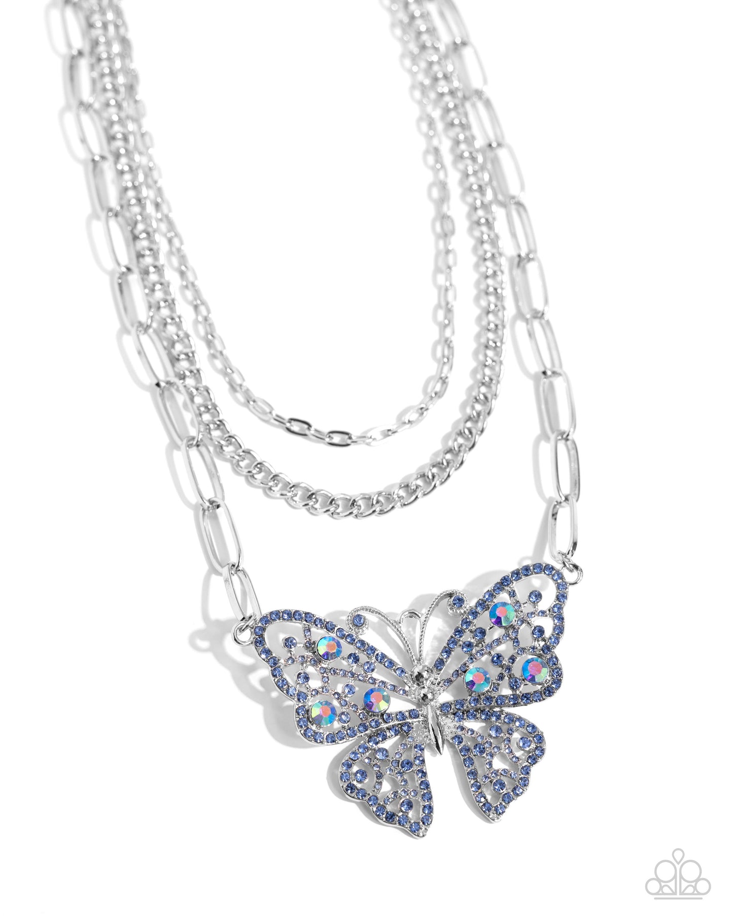 Winged Wonder - Blue Rhinestone Butterfly Silver Chain Layered Short Necklace