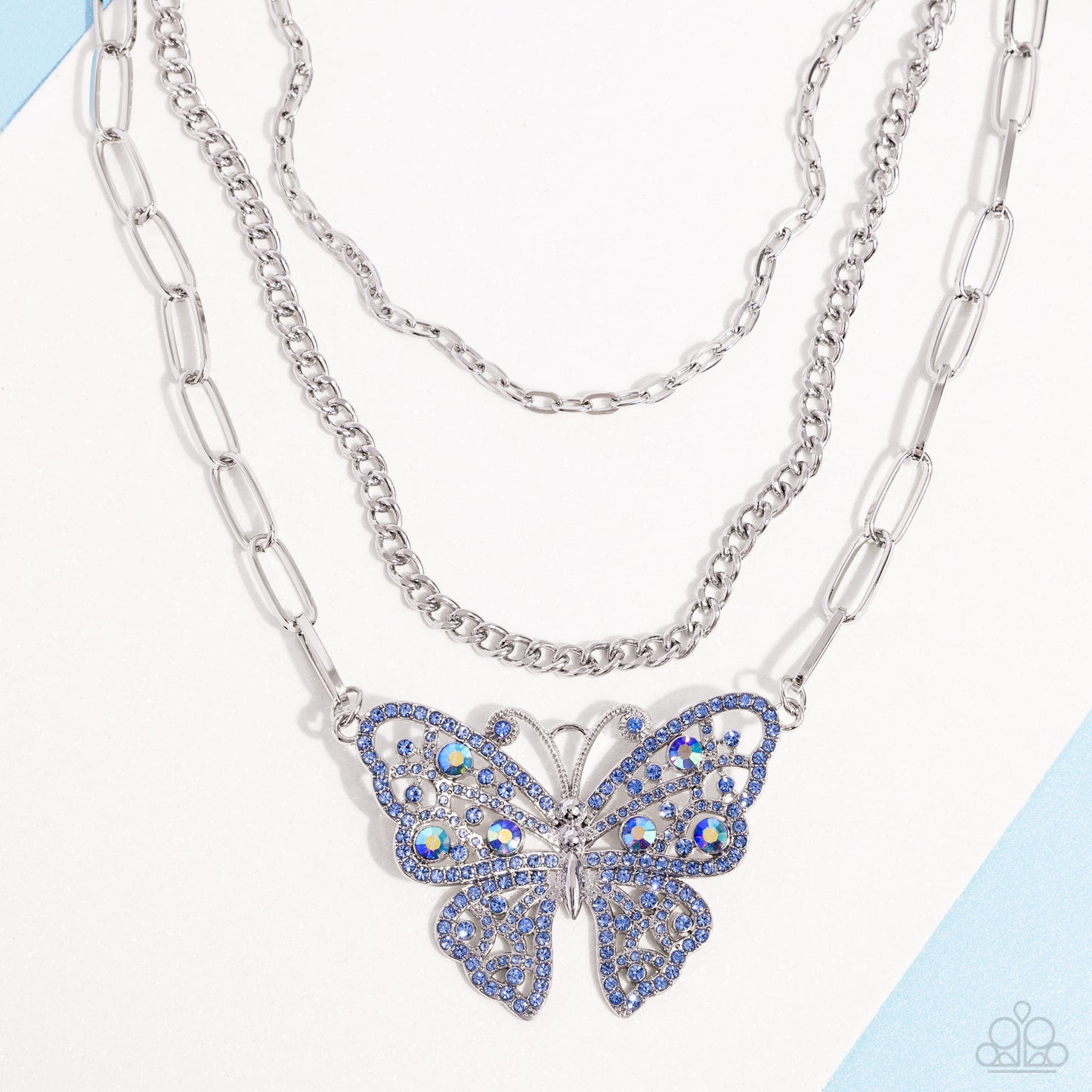 Winged Wonder - Blue Rhinestone Butterfly Silver Chain Layered Short Necklace