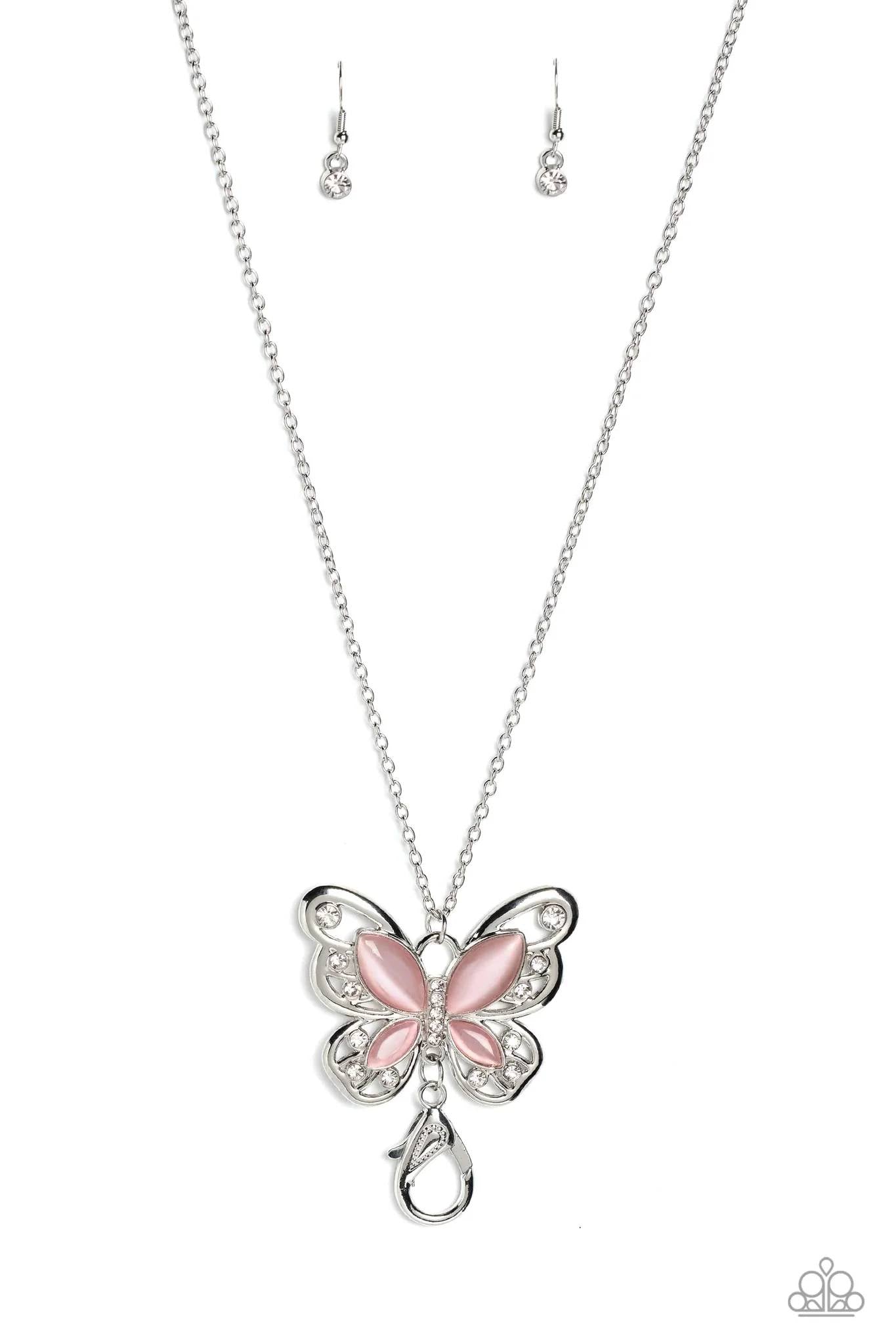 Wings Of Whimsy - Pink Cat's Eye Butterfly Long Lanyard Silver Necklace