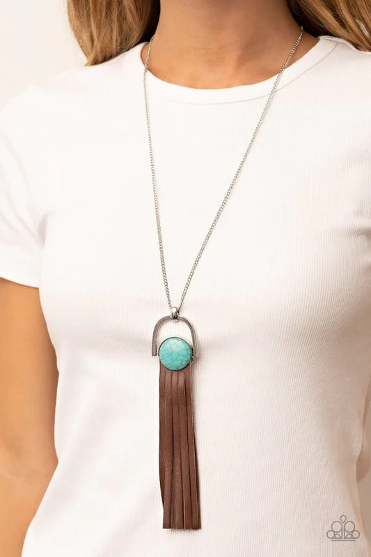 Winslow Wanderer - Blue Turquoise Stone Brown Leather Tassel Long Necklace