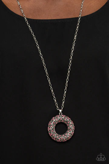 Wintry Wreath - Pink Rhinestone Pendant Silver Long Necklace