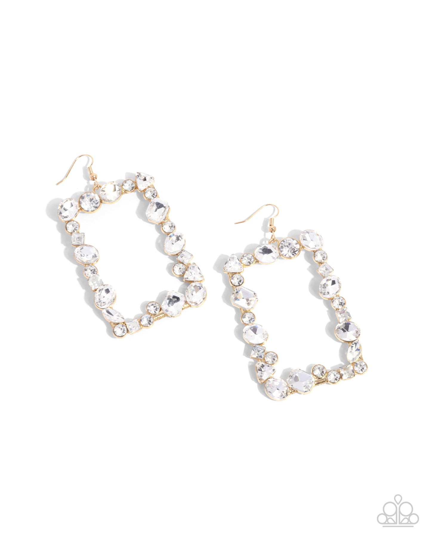 Wishful Wardrobe - Gold Rectangle Frame White Gem Fishhook Earrings