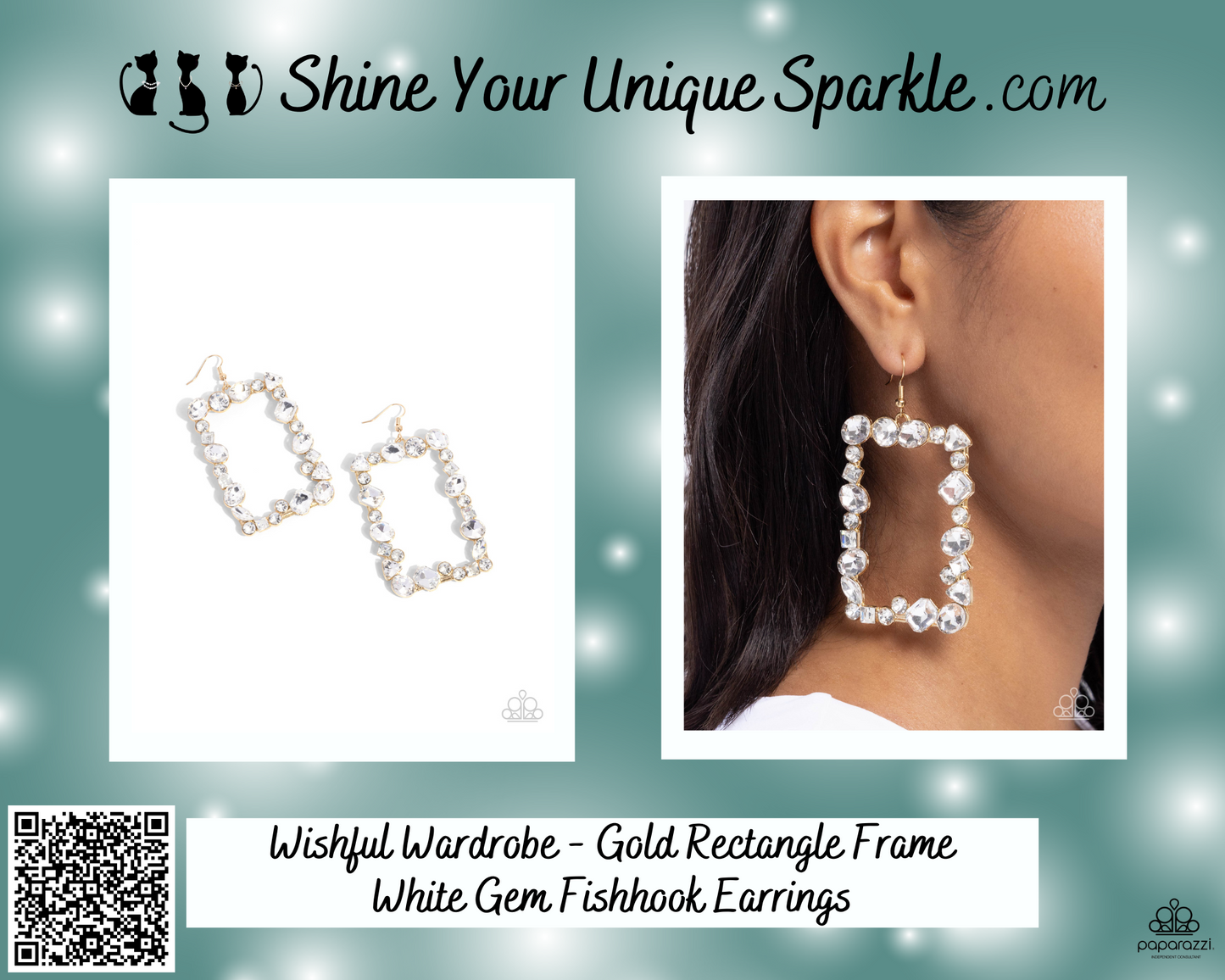 Wishful Wardrobe - Gold Rectangle Frame White Gem Fishhook Earrings