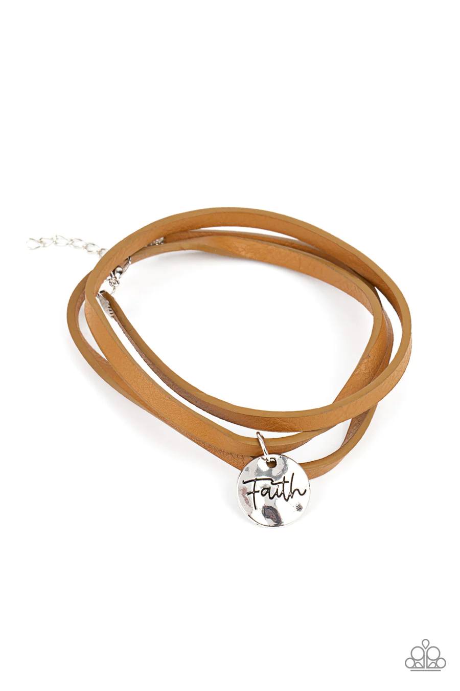 Wonderfully Worded - Brown Leather "Faith" Silver Disc Clasp Bracelet