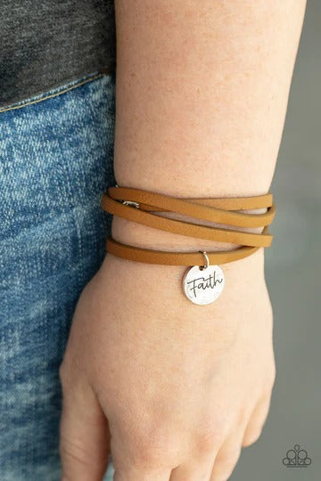 Wonderfully Worded - Brown Leather "Faith" Silver Disc Clasp Bracelet