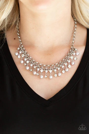 You May Kiss the Bride - Silver Pearl White Rhinestone Short Necklace