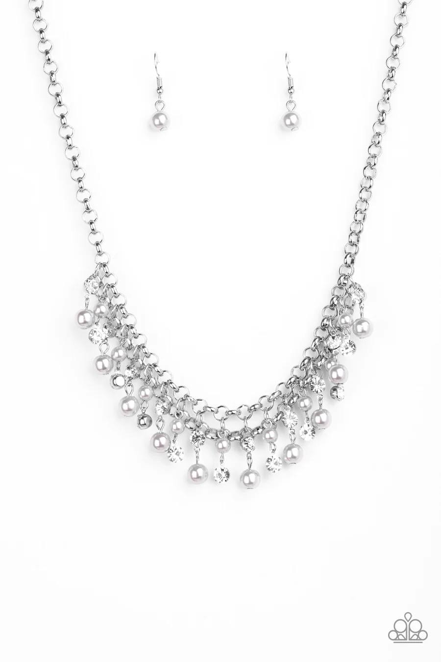 You May Kiss the Bride - Silver Pearl White Rhinestone Short Necklace