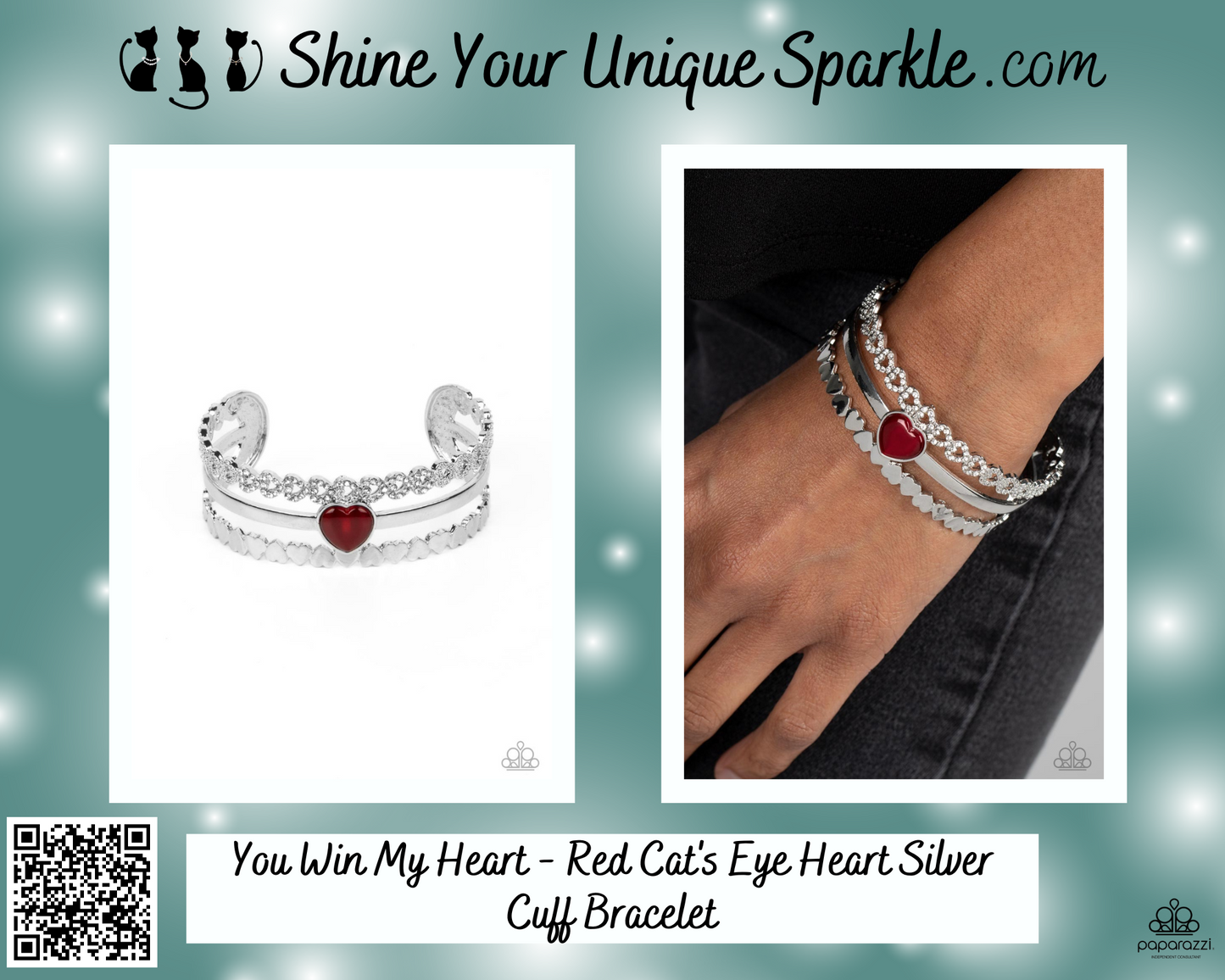 You Win My Heart - Red Cat's Eye Heart Silver Cuff Bracelet