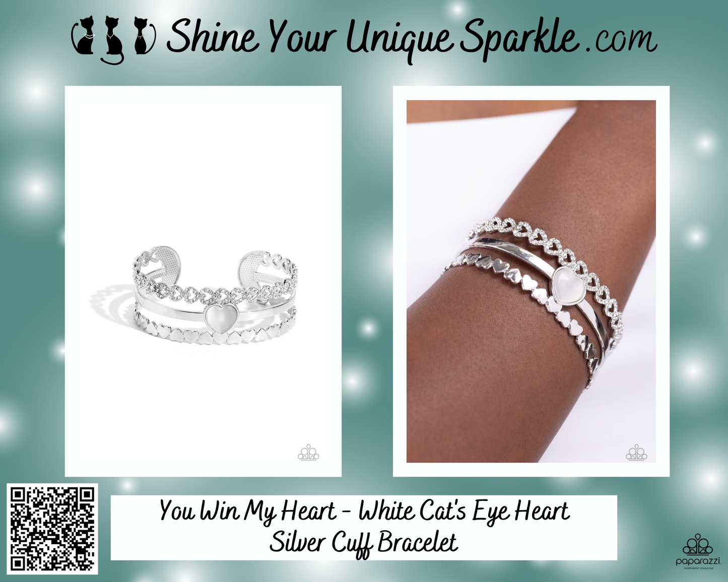 You Win My Heart - White Cat's Eye Heart Silver Cuff Bracelet