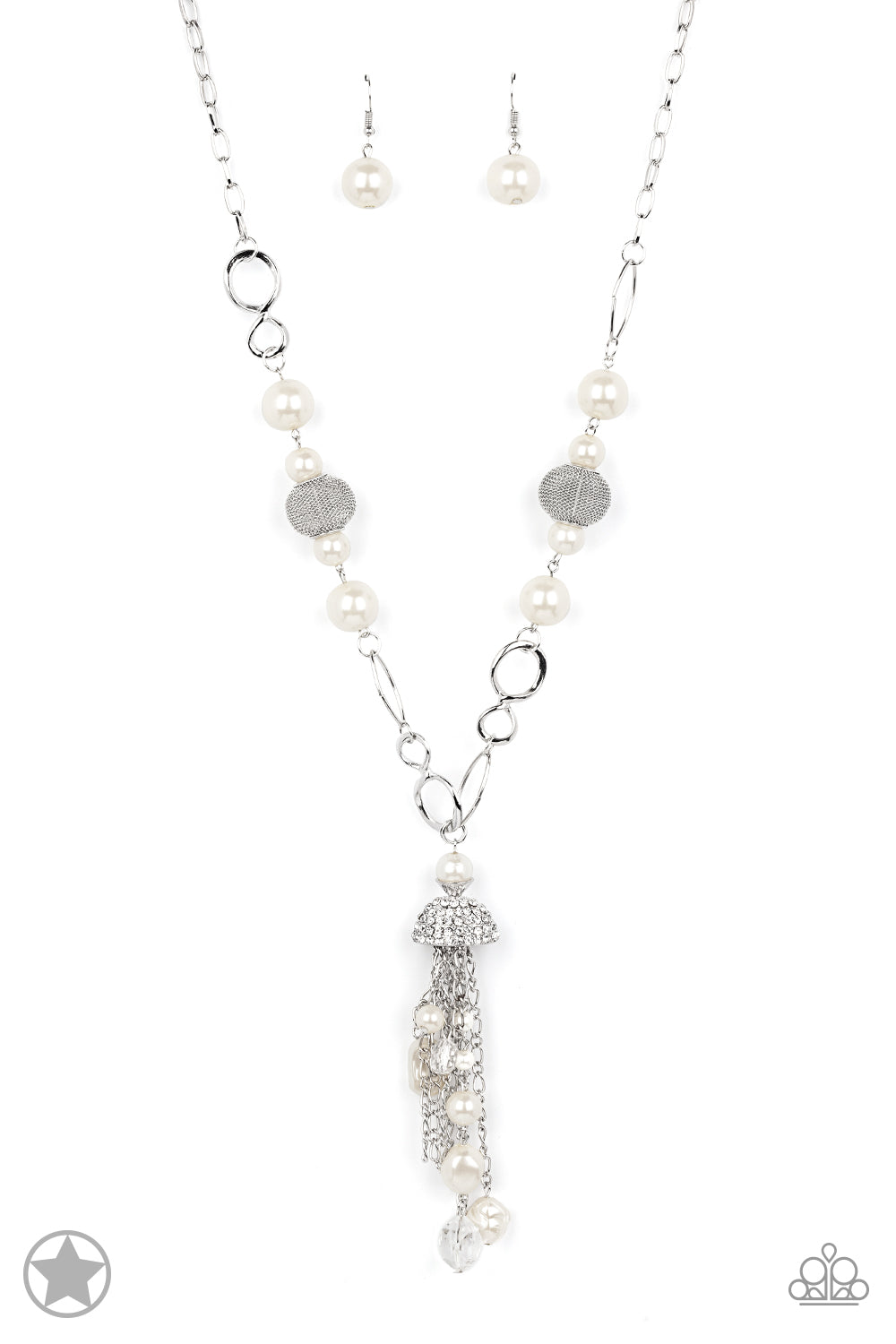 Designated Diva - White Rhinestone, Pearl, Tassel, and Crystal Y Long Necklace - Blockbuster