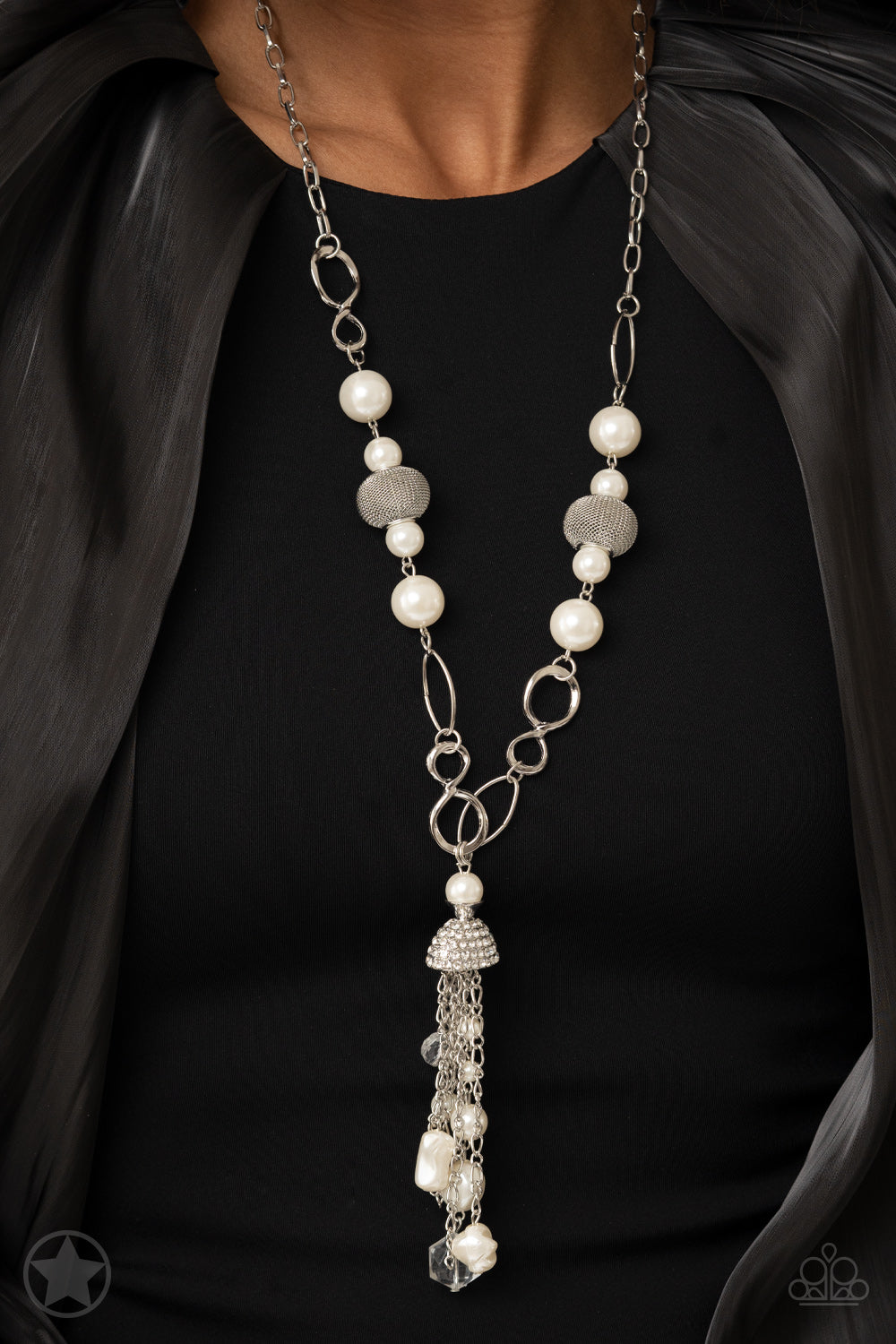 Designated Diva - White Rhinestone, Pearl, Tassel, and Crystal Y Long Necklace - Blockbuster