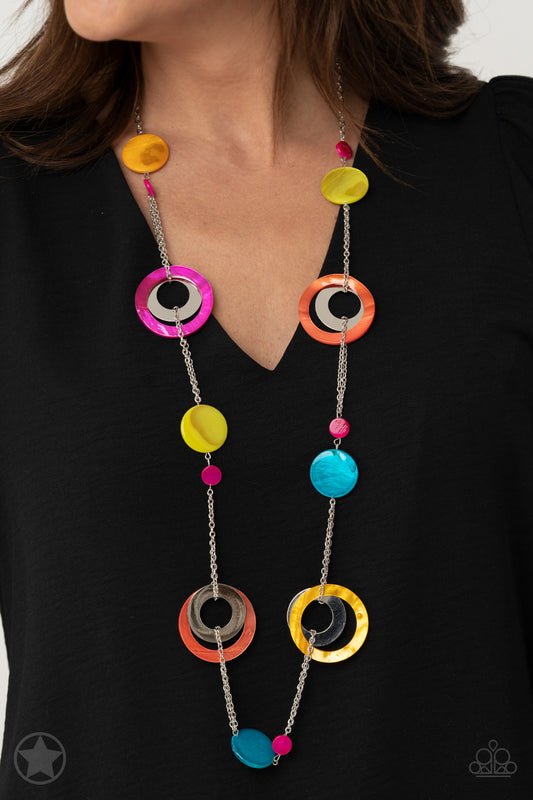 Kaleidoscopically Captivating - Multi Yellow Orange and Pink Acrylic Disc Long Silver Necklace