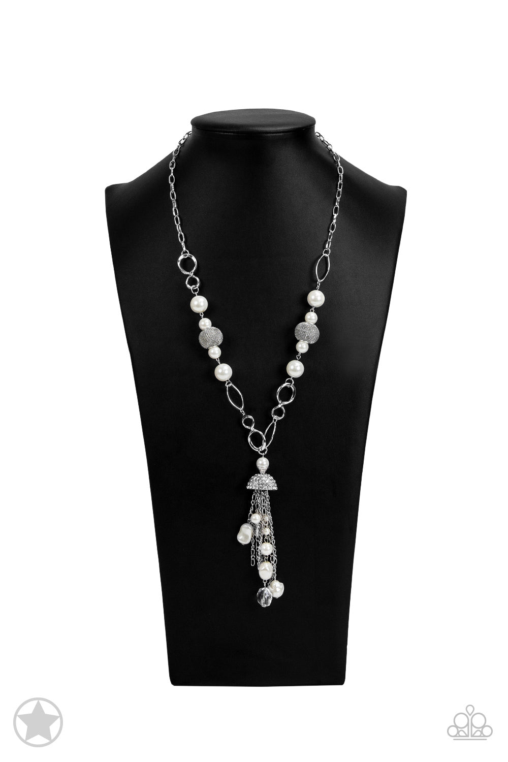 Designated Diva - White Rhinestone, Pearl, Tassel, and Crystal Y Long Necklace - Blockbuster