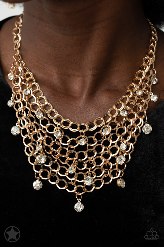 Fishing for Compliments - Gold Mesh Interlocking Chain Layered Short Necklace - Blockbuster