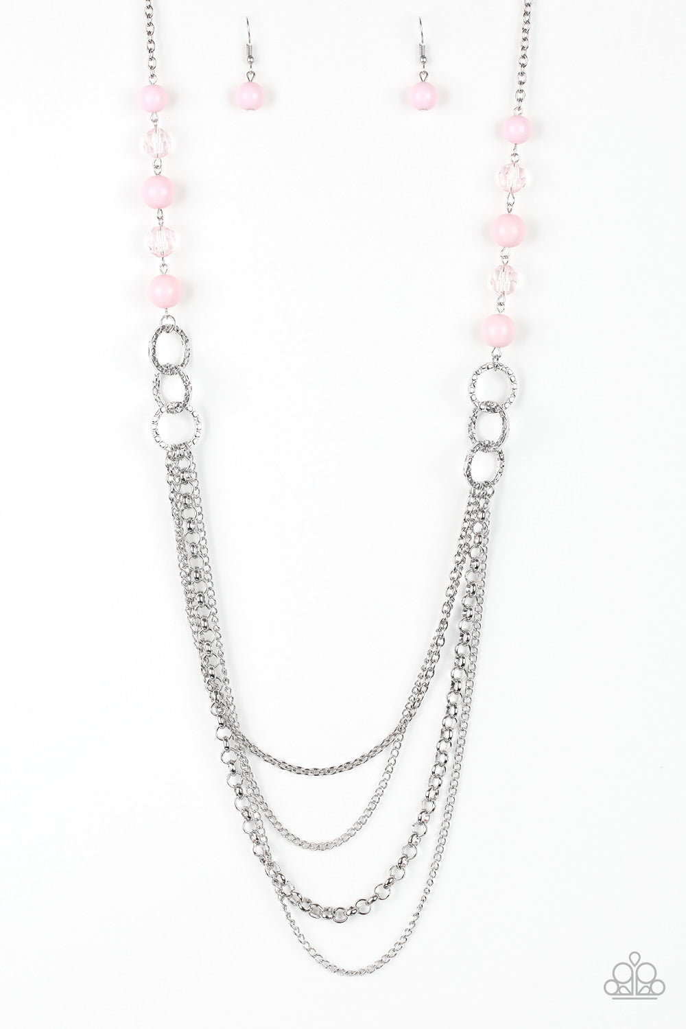 Vividly Vivid - Pink Crystal Bead Silver Layered Long Necklace