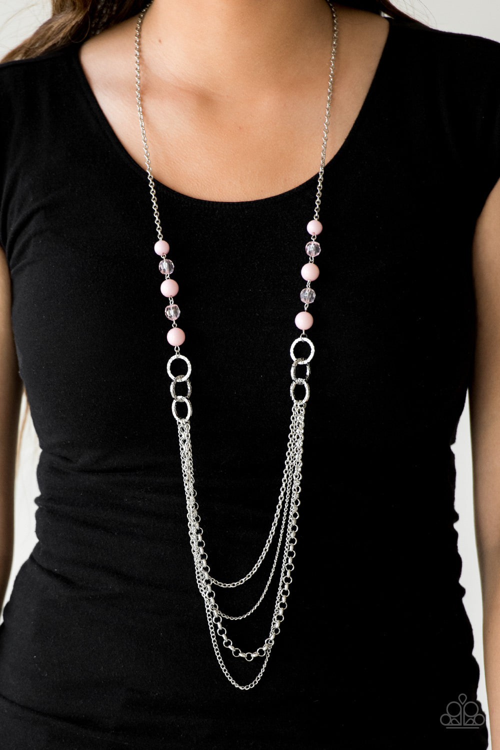 Vividly Vivid - Pink Crystal Bead Silver Layered Long Necklace