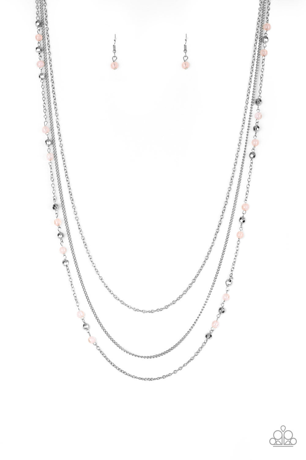 Colorful Cadence - Pink Bead Silver Layered Chain Long Necklace