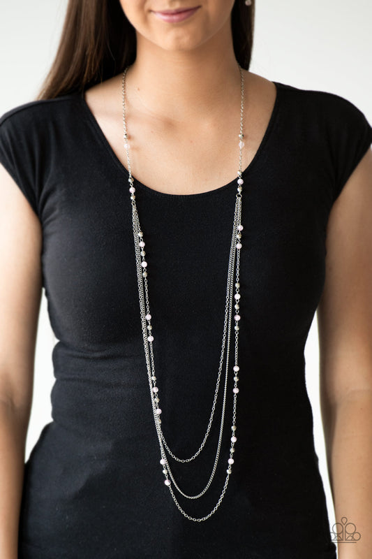 Colorful Cadence - Pink Bead Silver Layered Chain Long Necklace