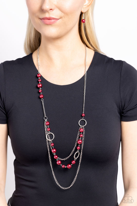 Party Dress Princess - Red Pearl Silver Layered Long Necklace