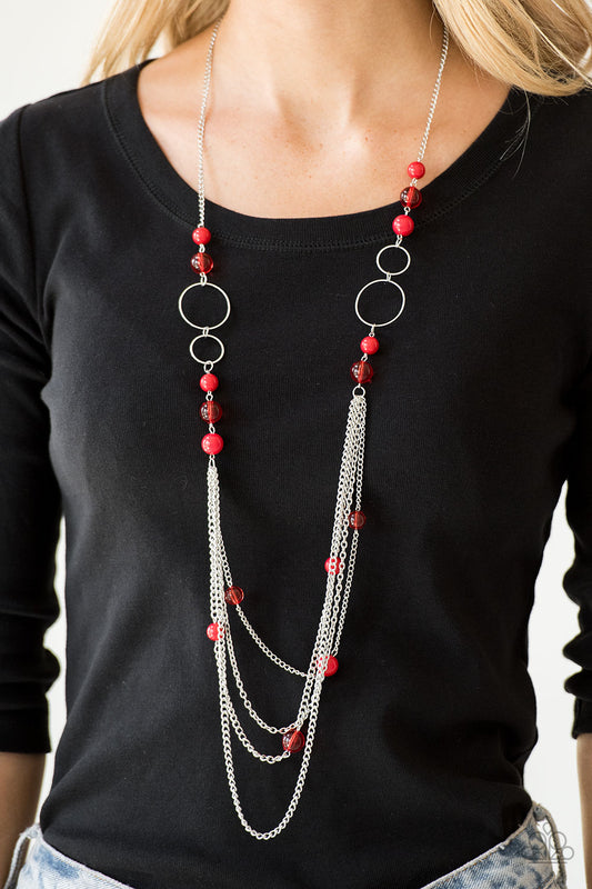 Bubbly Bright - Red Bead Silver Layered Long Necklace