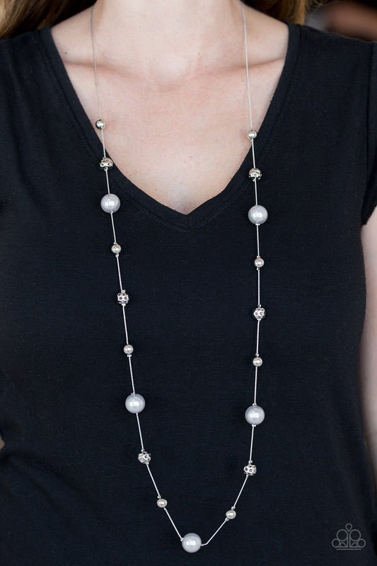 Eloquently Eloquent - Pearly Silver Accents Hammered Beads Long Necklace