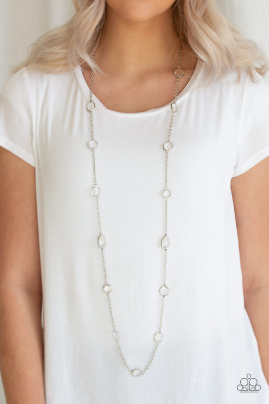 Glassy Glamorous - White Gem Silver Long Necklace