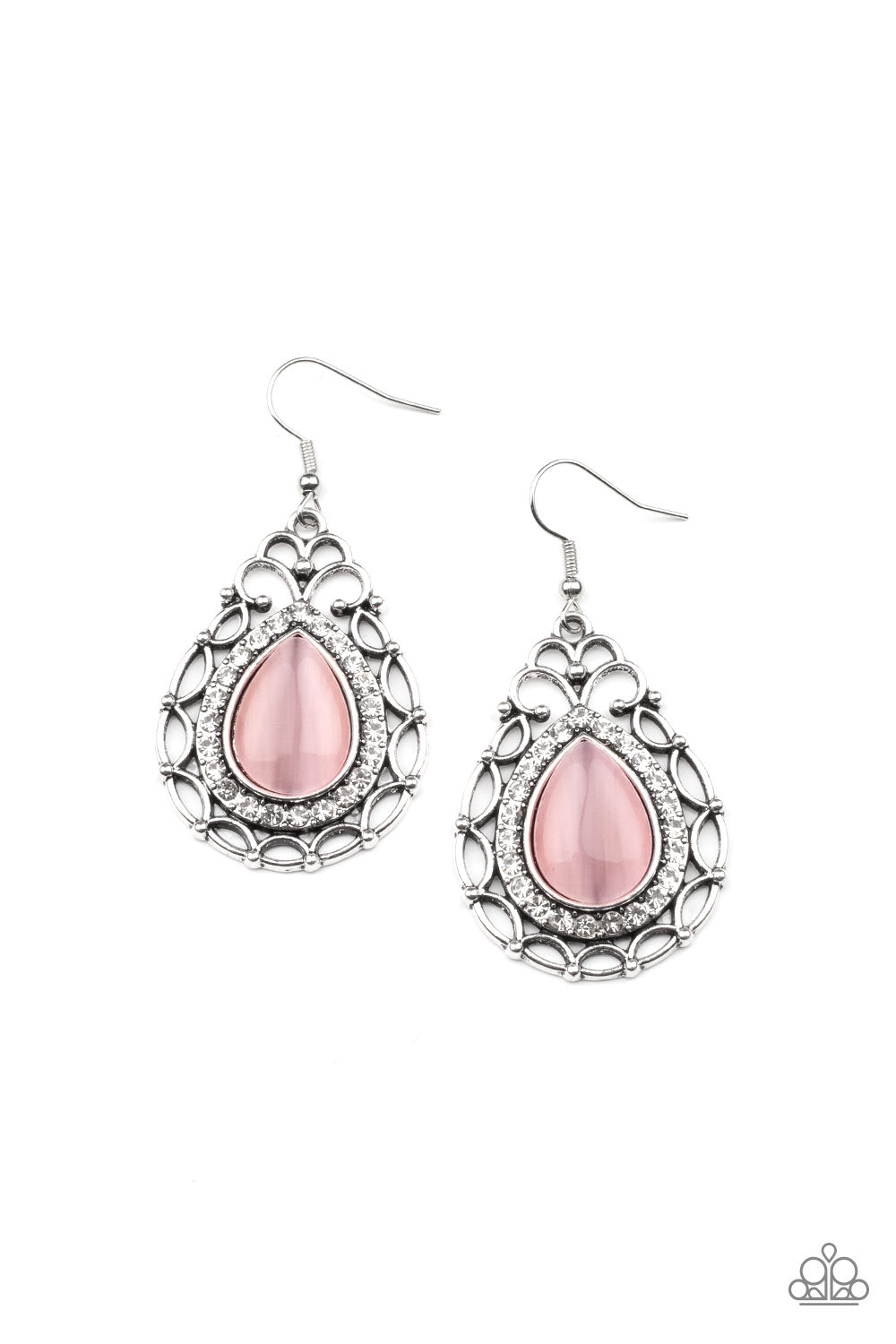 Endlessly Enchanting - Pink Cat's Eye Silver Teardrop Fishhook Earrings